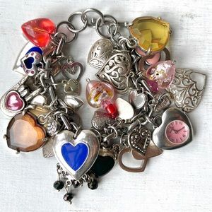 Loaded Vintage Heart Charm Bracelet Working Fossil Watch One of a Kind Unique